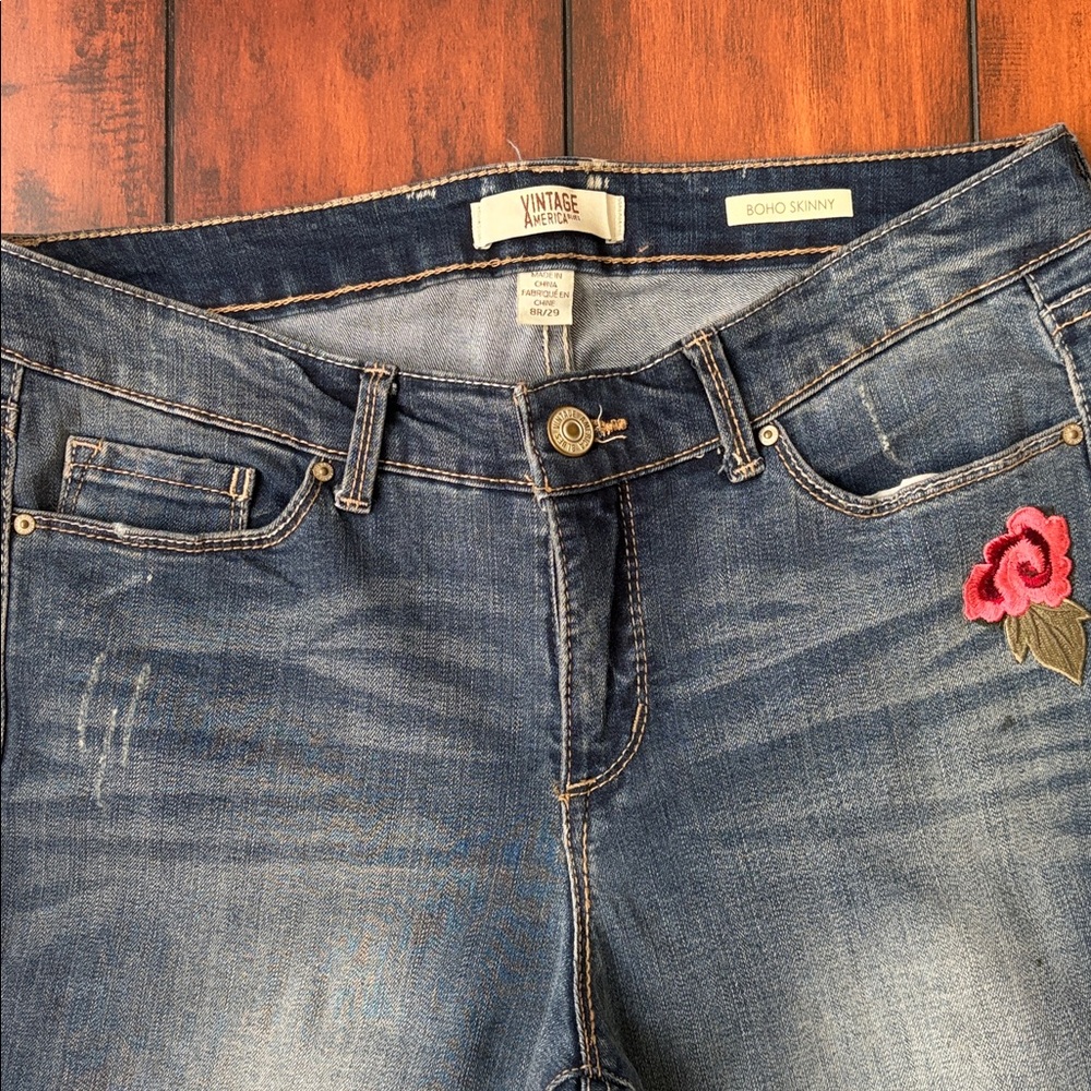 Vintage America Blue Skinny Jeans with Pink Floral Embroidery - Picture 4 of 6